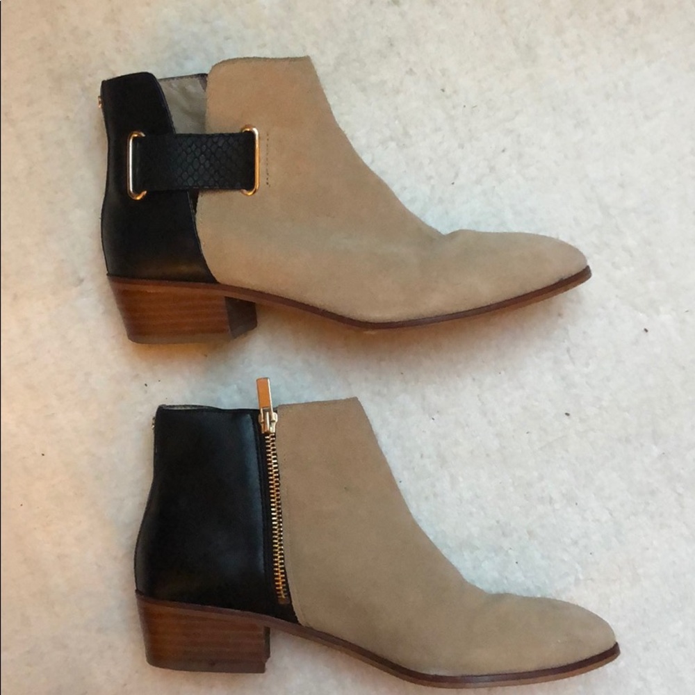 Yosi Samra black leather and tan suede booties